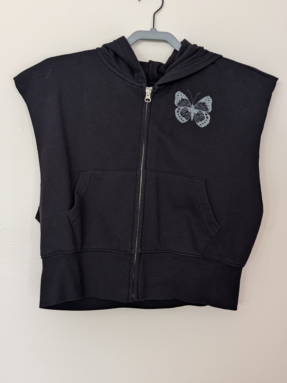 Sugar & Jade Black Sleeveless Zip Hoodie with Butterfly Graphic Girls XL